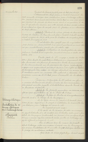 Eclairage au gaz et éclairage électrique, projet d'avenants. Eclairage électrique, installation de 16 lampes électriques pour l'éclairage des Rues, rapport