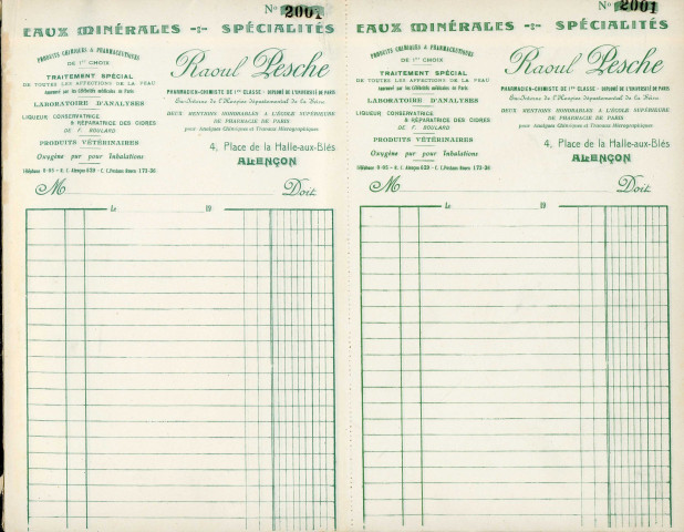 Carnet facture à souche type de Raoul Pesche (1902-1950).
