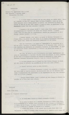 Contentieux, cession d'un appartement dans la cité Jean LEBOUCHER à Monsieur CARRE, désignation d'un avoué Maitre SAVARE. Téléphone, école Jules Ferry, transfert de l'appareil téléphonique, départ de Mr AILLARD directeur de l'école et arriver de Mr GESLAND.