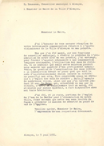 Adduction complémentaire d'eau potable pour la ville d'Alençon, étude pour l'utilisation de la source du Sortoir (1931-1935) : correspondance, jaugeage, état de la consommation
