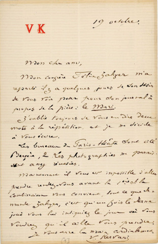 Lettre autographe signée de l'écrivain Victor Kervani à l'acteur Louis Delaferrière (19 octobre 1873).