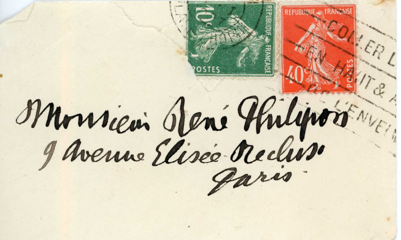 Voeux 1927 : carte de visite autographe signée de Louise Hervieu envoyée au comte René Philipon, enveloppe.