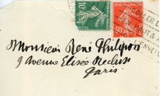 Voeux 1927 : carte de visite autographe signée de Louise Hervieu envoyée au comte René Philipon, enveloppe.