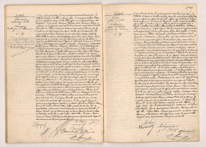 Acte de mariage de FOUNIER Théodore Emile et MAGNY Berthe Jeanne Félicienne (13 août 1910), Acte de mariage de MELUN Julien Auguste, veuf de BOULAY et DESVAUX Marie Modestine divorcée de Pichon (16 août 1910).