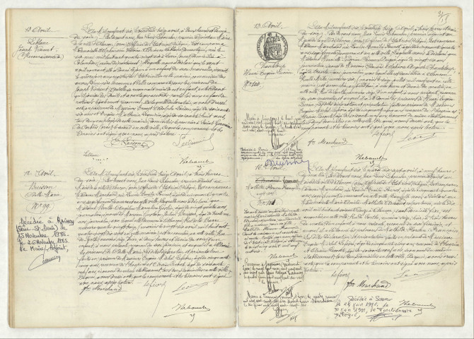 Reconnaissance de LEBLANC Joseph Vincent (13 avril 1906), acte de naissance de BUISSON Odette Marie (12 avril 1906), acte de naissance de CHANTELOUP Henri Eugène Lucien (13 avril 1906), acte de naissance de LAUNAY Mathilde Florence Françoise (16 avril 1906).