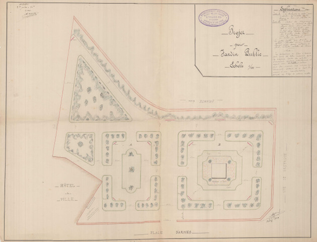 Projet de réfection du jardin de la Mairie, projet B (Établissement Horticole A. Tellier fils) (éch. 1/100, octobre 1920) (65 x 50)