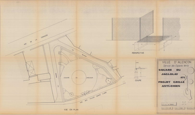Square du Jaglolay, projet grille anti-chien, (services techniques, Jean-Luc Jourdan, éch : 1/100, 104.5x61, 183v, 31 mars 1989).