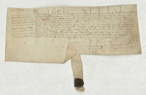 Acte de contre-scel des obligations de la châtellenie d'Alençon en date du 6 juin 1454 par lequel Jean du Mesnil, anobli par le duc d'Alençon, est autorisé à porter pour armoiries : un lion coupé d'or et d'argent, armé et lampassé de gueules sur un champ de sable ».