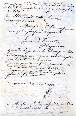 Foire ( août 1874), demandes de boutiques sous la coupole de la Halle au Blé, sur la place d'Armes : états nominatifs, correspondance, flyers, plans, mémoires.