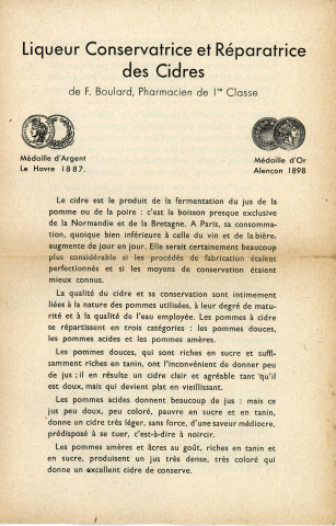 Notices sur la liqueur conservatrice et réparatrice des cidres de Félix Boulard, pharmacien de 1ère classe mis en vente par son successeur Raoul Pesche (1902-1930).