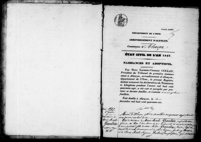 Registre des actes de naissance et adoption (1847).