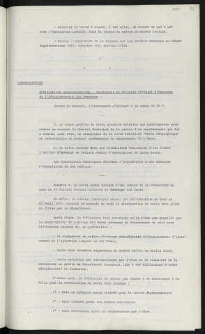 Marchés de gré à gré, entreprise SOREAU, marché CAUCE pour les charpente des cantines, marché GAGNEUX pour l'école Jeanne Géraud, marché Voisine pour le bibliothèque municipal, marché GORON pour la salle des fêtes, marché LEVANNIER pour le Presbytère de Monsort, marché Lapeyre pour l'église Saint Léonard. Visite d'un représentant, revue intitulée "Revue Géographique et Industrielle de France". Lettre de la préfecture, non prise en charge de la construction du bouclage Sud-Ouest.