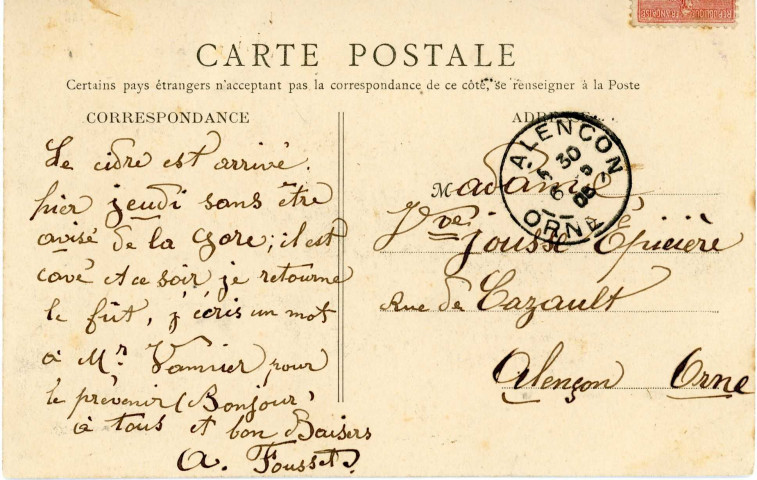 Correspondance de A. Fousset à la veuve Jousse pour la réception du cidre (6 mai 1905) : carte postale ancienne.