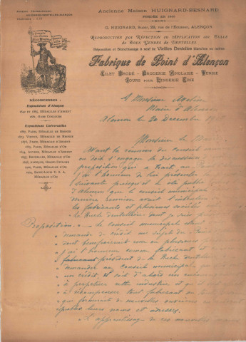 Point d'Alençon, demande de crédit pour perpétuer l'industrie dentelière plutôt que d'investir dans la création d'un musée de dentelles : correspondance de G. Huignard (directeur de la fabrique de Point d'Alençon et président de la "Ruche dentellière").