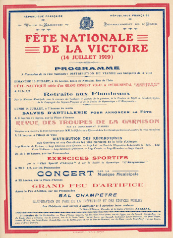 Fête nationale de la Victoire 14 juillet 1919 : affiche Imprimerie G. Supôt (94 x130)