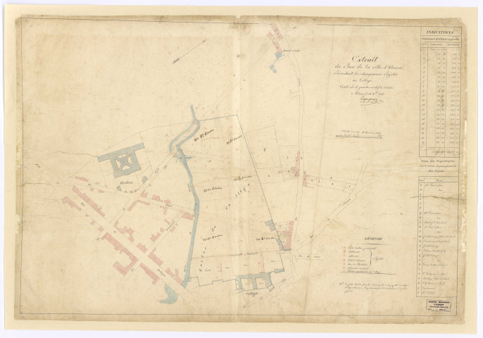 « Extrait du plan de la Ville d'Alençon présentant les changements projetés au collège » (11 décembre 1827), contenance et estimation des lots (géomètre expert) Lapeyrère.