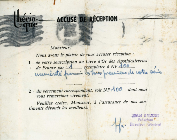 Bon de souscription au livre d'or des apothicaireries de France