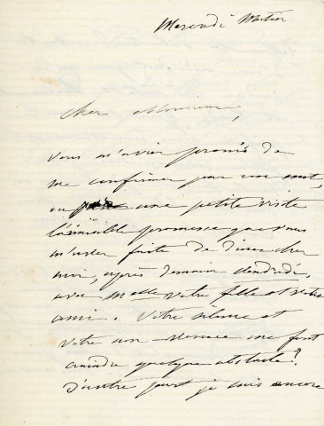 Lettre autographe signée de la femme de lettres Louise Colet au comédien Louis Fortuné Adolphe Laferrière 29 février 1872).