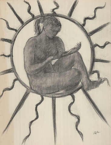 1% culturel du groupe scolaire du Point du Jour, "l'étude et son rayonnement", étude liseuse dans un cercle (Fusain) (62 x 47 cm) (René Letourneur, monogrammé en bas à droite RL)