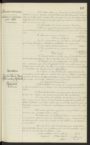 Chemins vicinaux, création des ressources pour 1920. Trottoirs, Rue du Pont Neuf réclamation de Mr HENAULT MOREL, rapport