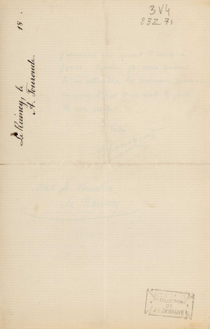 Lettre autographe signée de l'écrivain Alfred Edouard Touroude à l'acteur Adolphe Laferrière (sd).