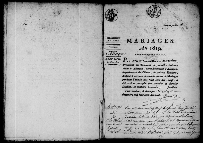 Registre des actes de mariage (1819).