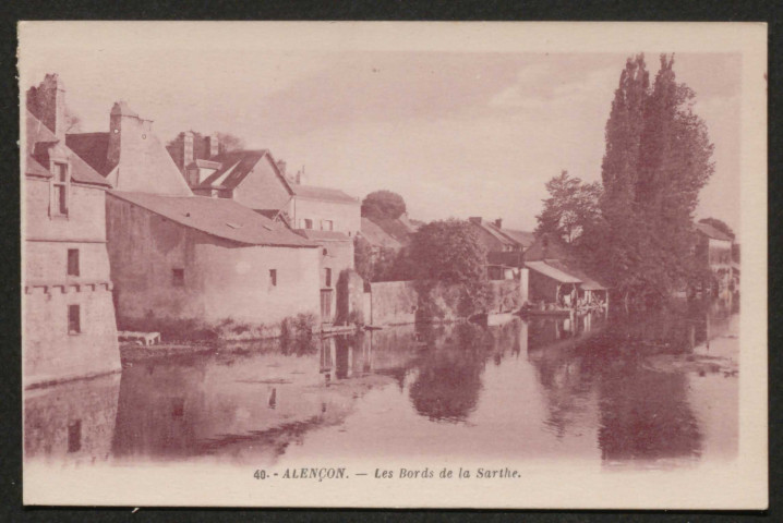 Alençon (Orne), Les bords de la Sarthe, carte postale sépia n°40, G. Artaud éditeur , Nantes, sd, (14x9), AMA.