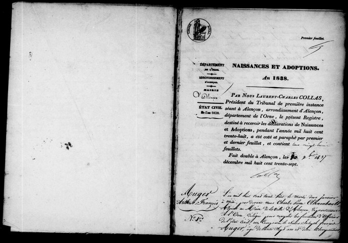 Registre des actes de naissance et adoption (1838).