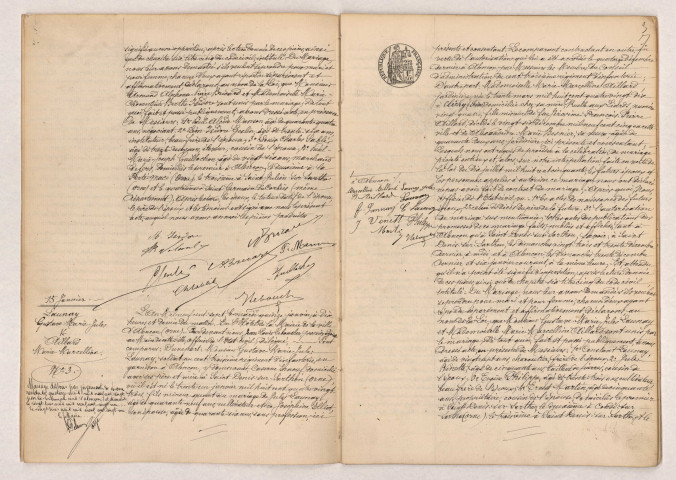 Acte de mariage de BRICARD Armand Alphonse Pierre et ISIDORE Marie Clémentine Berthe (12 janvier 1907), LAUNAY Gustave Marie Jules et AILLARD Marie Marcelline (15 Janvier 1907).