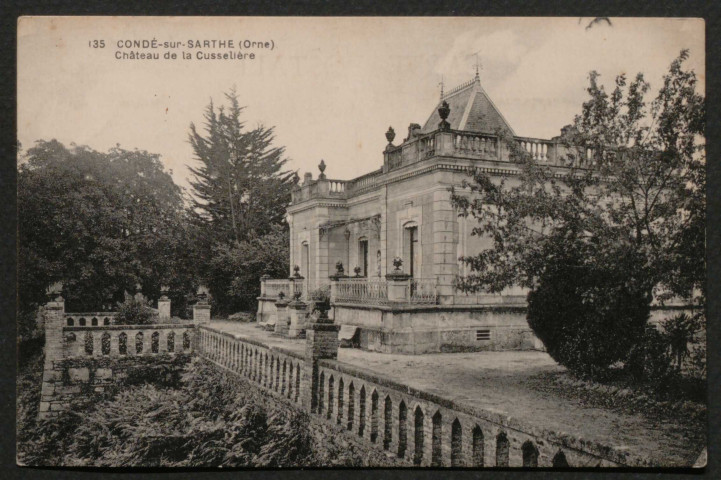 Condé-sur-Sarthe (Orne), Château de la Cusselière, carte postale ancienne noir et blanc n°135, (date d'utilisation : 07 août 1932), (14x9), acquisition 2021, AMA.