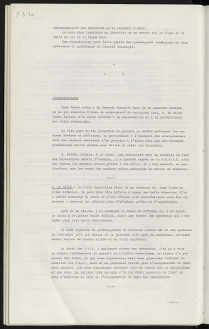 Marchés, transfert du marché du cours Clémenceau accord de principe. Malpropreté de certaines rues. Bilan sur la Foire Exposition.