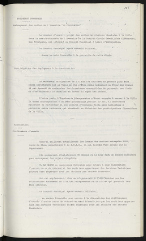 Bâtiments communaux, aménagement des salles de l'immeuble "le Clémenceau". Association chiffonniers d'Emmaüs, utilisation de l'ancien entrepôt PEAN route de Sées appartenant à la S.E.B.N., disposition de l'ancien haras de Guéramé.