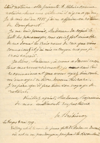 Correspondance de M. de Brébisson à Mme Descoutures, concernant l'œuvre de Louise Vallory « Madame Hilaire »