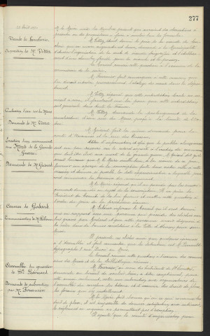 Demande étudier l'organisation de la vente viande frigorifiée de boucherie, proposition de Mr VITTOZ. Prolongement de la canalisation d'eau rue du Mans, route d'Ancinnes, rue des Tisons, demande de Mr VITTOZ et Mr GRISARD. Création d'un monument aux morts de la grande guerre, demande de Mr GRISSARD. Œuvre de Godard cliché sur bois gravé, céder à la ville d'Alençon, détenteur Mr PINAULT n°8 rue Ducré, communication de Mr LEBOUC. Assemblée du quartier de St Léonard, demande de subvention aux organisateurs de l'assemblée du carrefour des Etaux, par Mr FOURNIER
