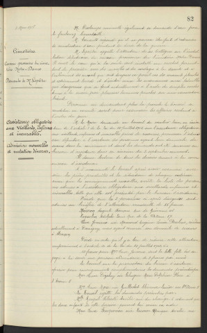 Canalisation, extension de canalisation Rue d'Argentan et Faubourg de Courteille, demande de Mr LETARD et Mr DESCHAMPS. Cimetières, caveau provisoire du cimetière Notre-Dame, demande de Mr LEPRETRE. Assistance obligatoire aux vieillards, infirmes et incurables, admissions nouvelles et mutations diverses