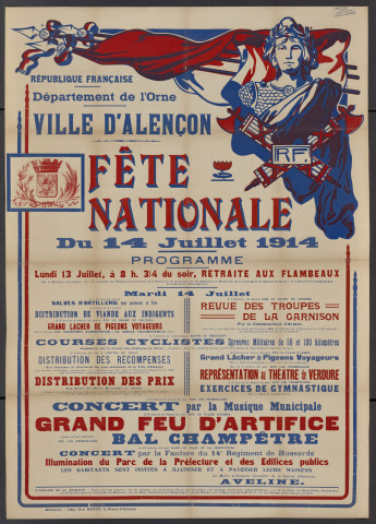 Fête nationale 14 juillet 1914 : affiche Imprimerie G. Supôt, (94 x 124).
