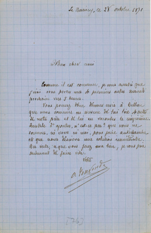 Lettre autographe signée de l'écrivain Alfred Edouard Touroude à l'acteur Adolphe Laferrière (28 octobre 1871).