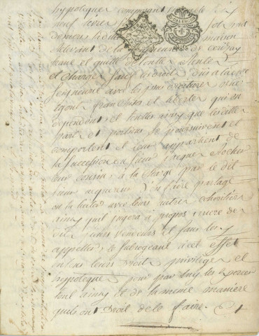 Contrat de vente entre les Sieurs George Pierre Allix GrandChamp, Louis Jacques Eustache Allix et André François Vincent Allix et Jean Desroches Duparc, d'une partie de la maison sise 45-47 rue Cazault (16 février 1781).