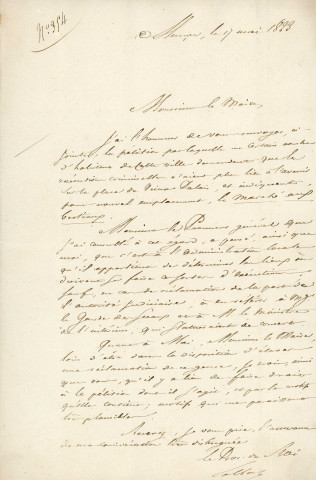 Changement du lieu destiné aux exécutions à morts et de l'exposition aux carcans (Place du Vieux Palais à la Place du Champ-du-Roi Montsort) : arrêtés, correspondance, cahier des charges.