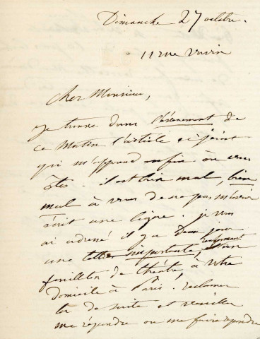 Lettre autographe signée de la femme de lettres Louise Colet au comédien Louis Fortuné Adolphe Laferrière [1873].