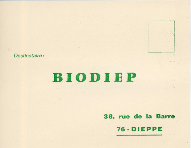 Partenariat Biodep, livraison d'échantillons : carte commande, tarif, échantillons aiguilles "nécessaires pour prise de sang", conditionnement papier kraft (15 x 11 x 0.4)