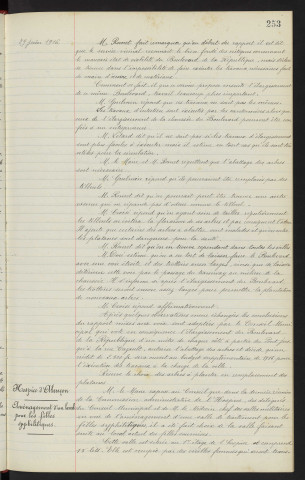 Boulevard de la République, Rue CAZAULT, Ruelle BOURDON, Pont sur la Sarthe, élargissement de la chaussée, M. SUARD et BEGUIN cantonnier, vote de crédit. Hospice d'Alençon, aménagement d'un local pour les filles syphilitiques, architecte M. MEZEN