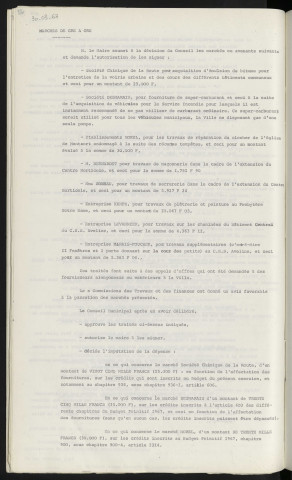 Marches de gré à gré, société chimique de la route, société DESMARAIS, établissement MOREL travaux du clocher de l'église de Monsort, Mr BERNADET et Mme SOREAU travaux pour l'extension du centre horticole, entreprise KEMPH travaux au Presbytère Notre Dame, entreprise LEVANNIER travaux cheminée et entreprise MARAIS-FOUCHER centre du C.E.S. Aveline.