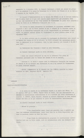 Maison des Jeunes et de la Culture, création d'un poste de directeur permanent et signature d'une convention ville-fédération française des M.J.C., contrat annuel de financement de poste. Logement, constructions individuelles.