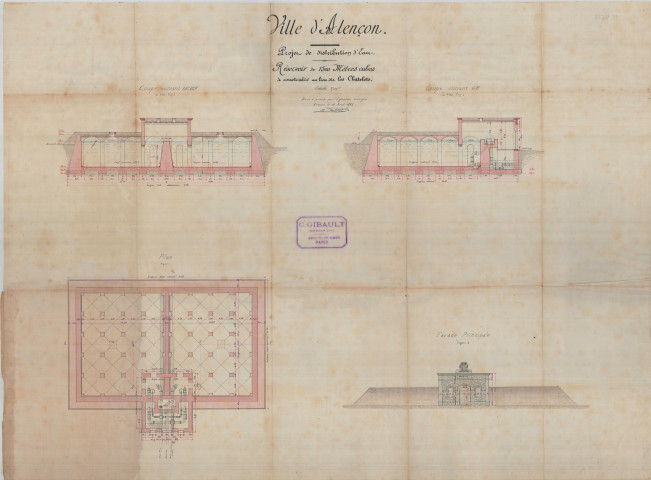 Alençon, projet de distribution d'eau des sources du moulin de Launay, réservoir de 1500 mètres cubes à construire au lieu-dit les Châtelets, coupe, plan, façade principale (Charles Gibault, éch.1/100) (118cm x 74.3cm) (16 août 1885).