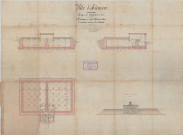 Alençon, projet de distribution d'eau des sources du moulin de Launay, réservoir de 1500 mètres cubes à construire au lieu-dit les Châtelets, coupe, plan, façade principale (Charles Gibault, éch.1/100) (118cm x 74.3cm) (16 août 1885).