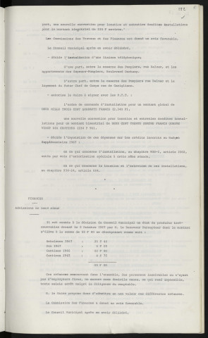 Téléphone, liaison entre la caserne des pompiers et les appartements des sapeurs-pompiers. Finances, admissions en non-valeur.