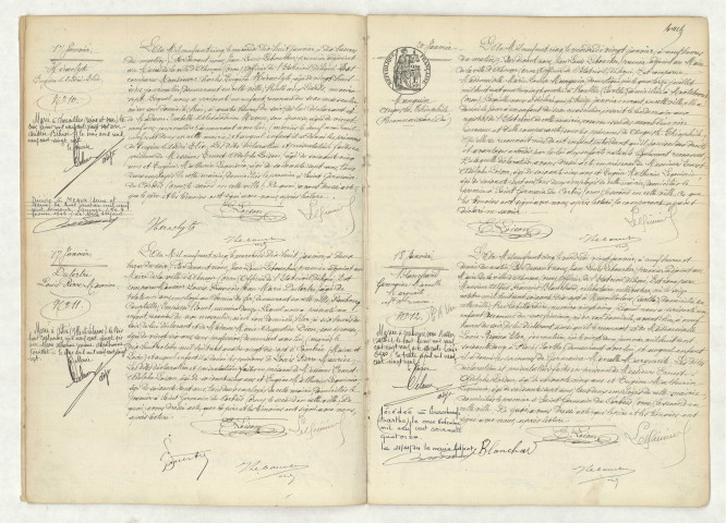 Acte de naissance de HERACLYTE Eugène André Elie (17 janvier 1905),acte de naissance de DUTERTRE Louis Pierre Maurice (17 janvier 1905),reconnaissance de MANGUIN Auguste Théophile (20 janvier 1905),acte de naissance de BLANCHARD Germaine Marcelle Marguerite (18 janvier 1905).
