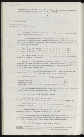 Matériel de bureau, nouvelle convention de location et d'entretien d'une machine Rank Xerox. Matériel de bureau, contrat d'entretien pour la seconde machine comptable.