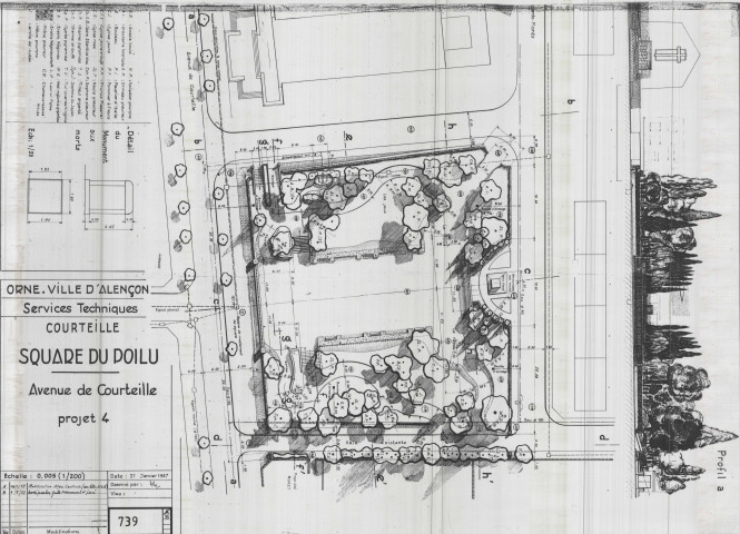 Square du Poilu, Avenue de Courteille, projet 4, plan (Services Techniques, 1/200, 21 janvier 1957, modification 4 mai 1957 PC035) (118.5x82).